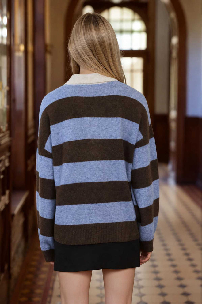 HEATHERED STRIPE POLO COLLAR SWEATER
