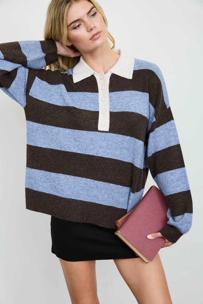 HEATHERED STRIPE POLO COLLAR SWEATER