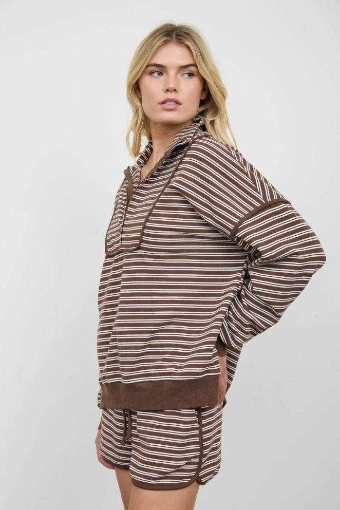 HALF ZIP STRIPE CONTRAST TRIM SWEATER