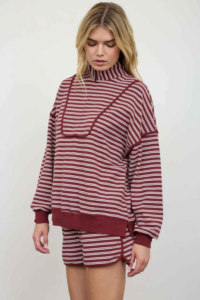 HALF ZIP STRIPE CONTRAST TRIM SWEATER