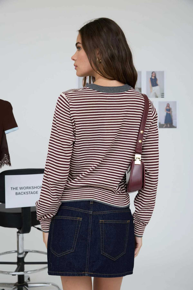 STRIPE CONTRAST TRIM KNIT CARDIGAN