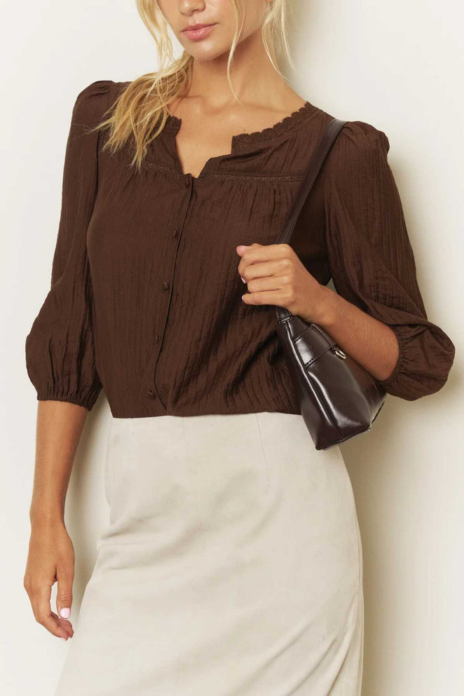 LACE YOKE BUTTON DOWN 3/4 SLEEVE TOP