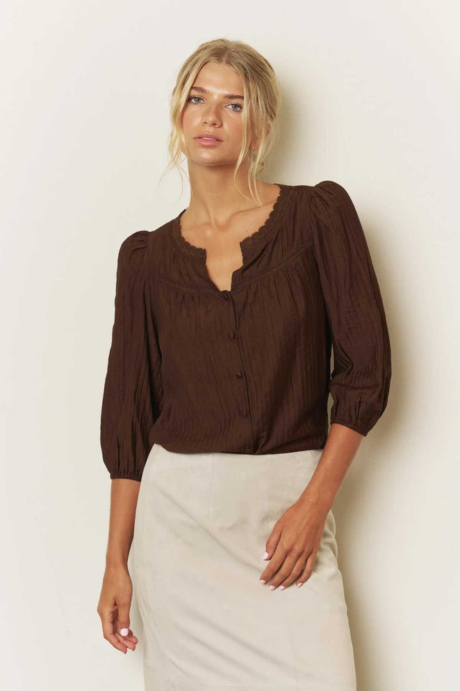 LACE YOKE BUTTON DOWN 3/4 SLEEVE TOP