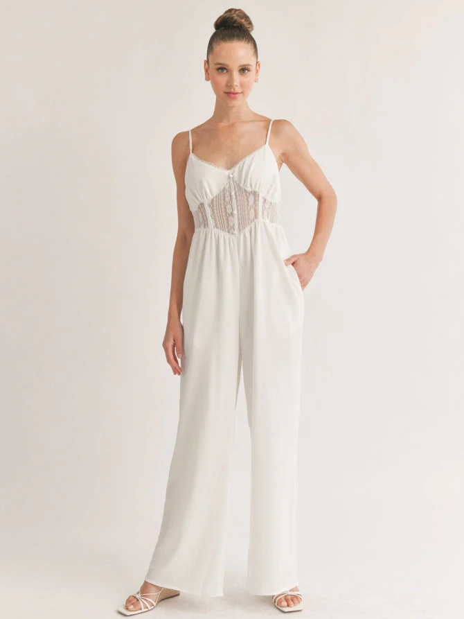 SLEEVELESS POCKETS MESH DETAILED WIDE LEG JUMPSUIT