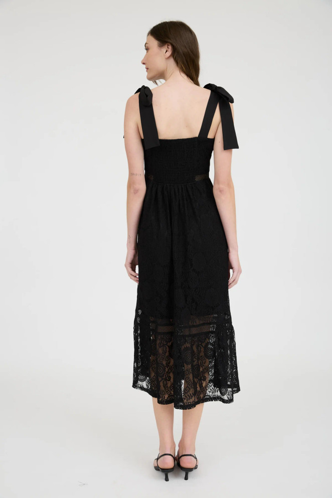 LACE TIE STRAP SHEER TRIM SLEEVELESS MIDI DRESS
