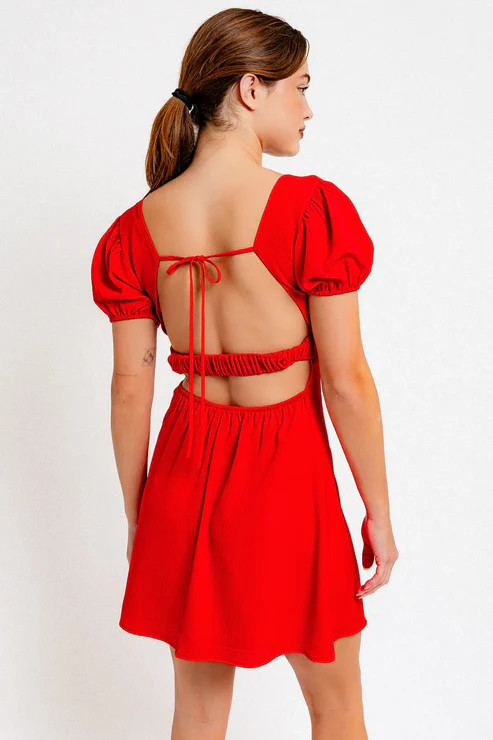 SHORT PUFF SLEEVE OPEN BACK MINI DRESS