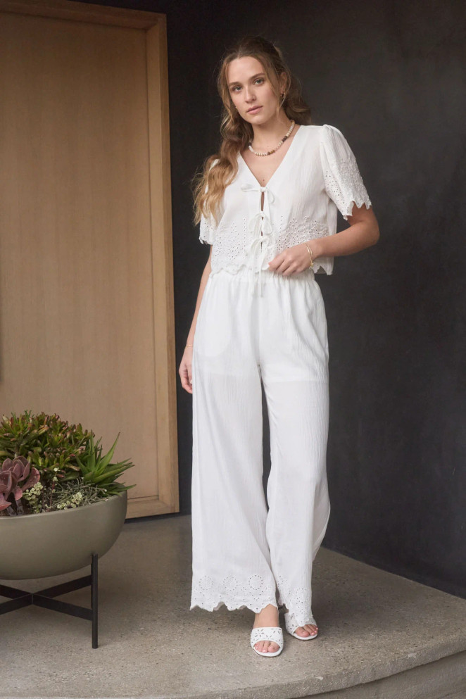 EYELET TRIM WIDE LEG PANTS