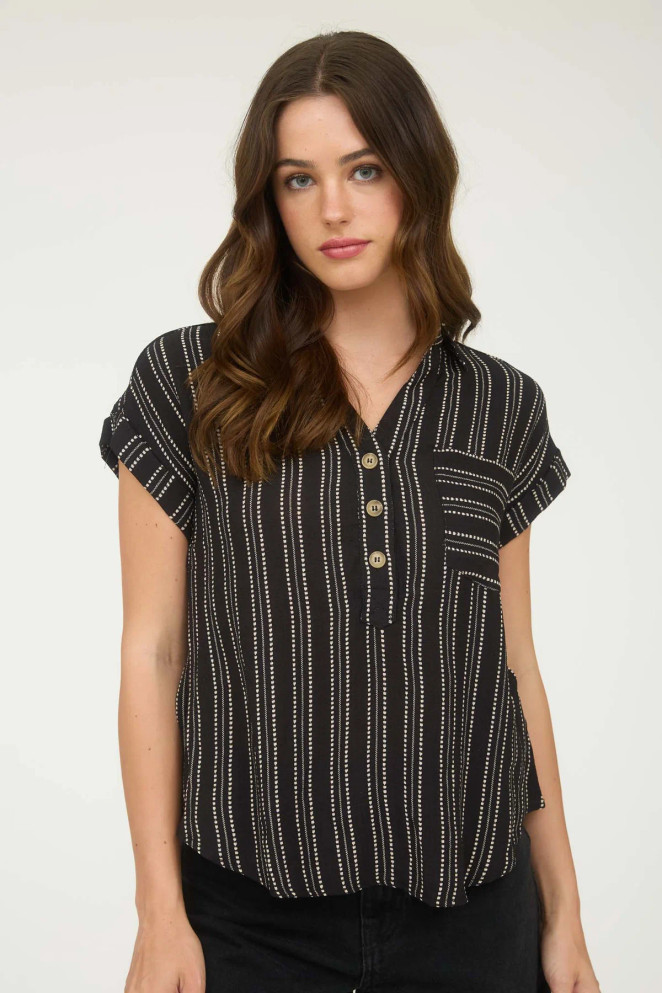 STRIPE HALF BUTTON COLLARED SHORT SLEEVE SHIRT