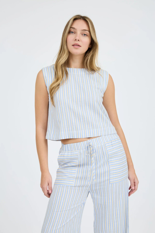 STRIPE SLEEVELESS BUTTON BACK BLOUSE