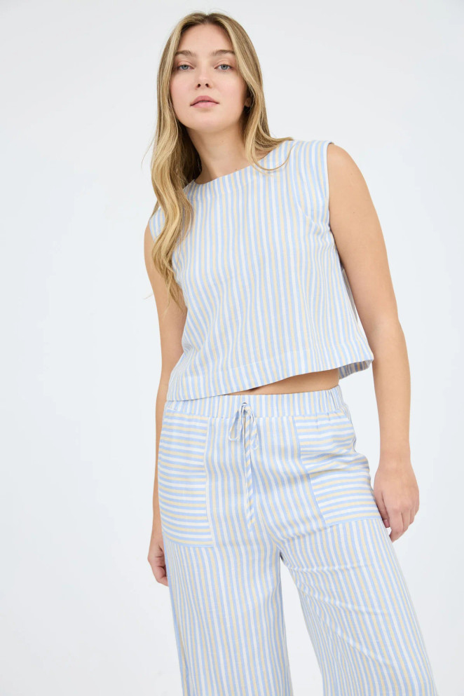 STRIPE SLEEVELESS BUTTON BACK BLOUSE