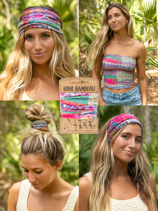 FULL BOHO BANDEAU HEADBAND- PINK WATERCOLOR PATCHWORK