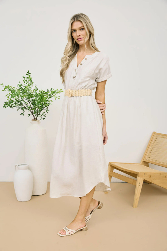 HALF BUTTON SHORT SLEEVE BELTED MIDI SHIRT DRESS