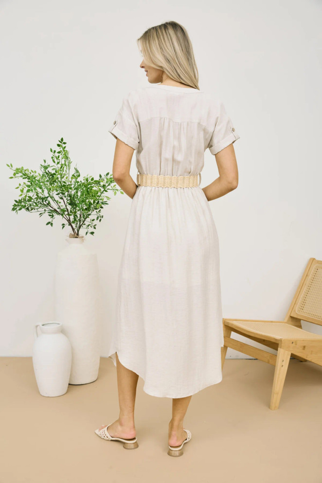 HALF BUTTON SHORT SLEEVE BELTED MIDI SHIRT DRESS