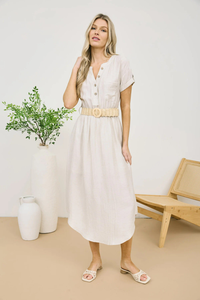 HALF BUTTON SHORT SLEEVE BELTED MIDI SHIRT DRESS