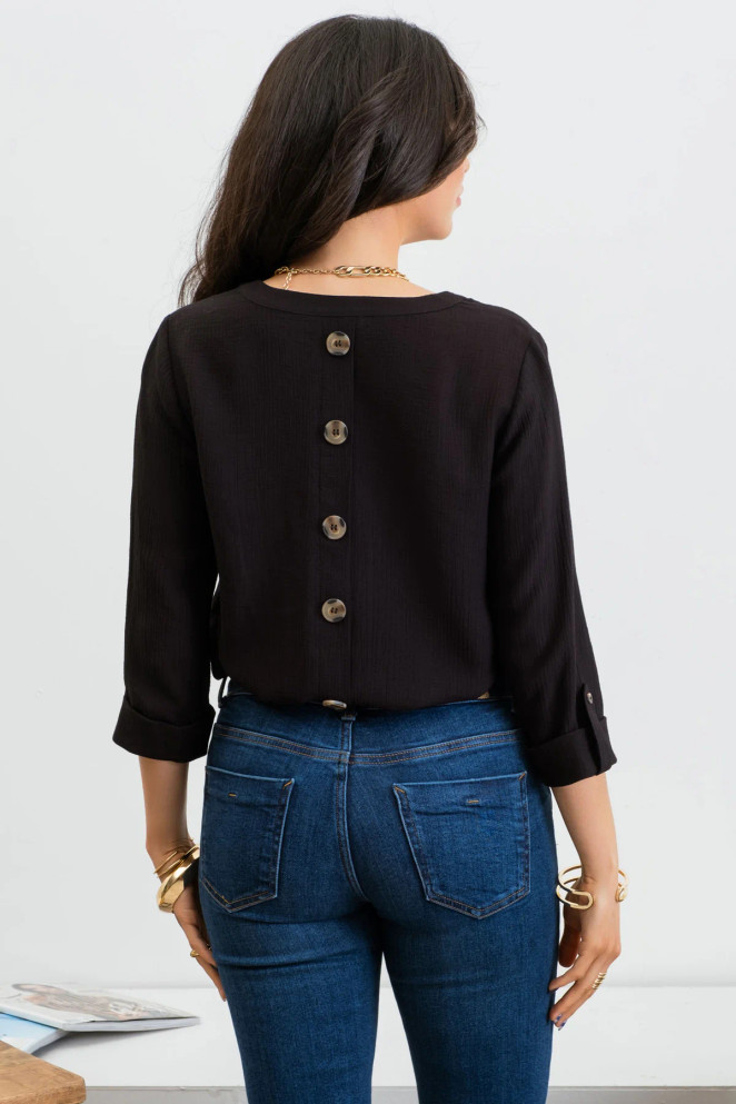 SPLIT NECK BACK BUTTON 3/4 TAB SLEEVE TOP