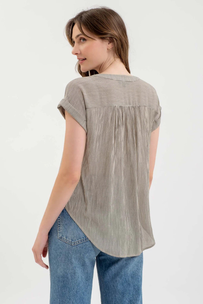 PINSTRIPE SHORT CUFF SLEEVE BUTTON DOWN SHIRT