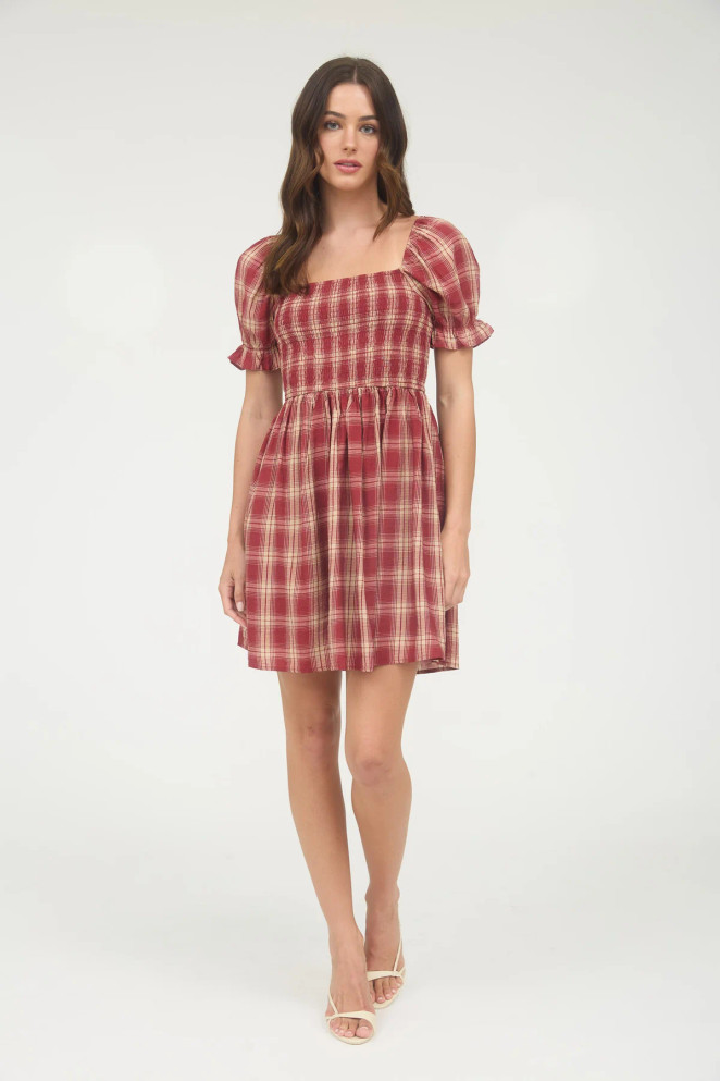 PLAID SMOCKED PUFF SLEEVE MIDI DRESS