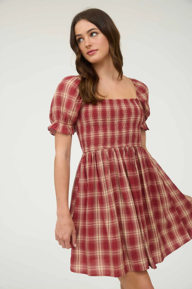 PLAID SMOCKED PUFF SLEEVE MIDI DRESS