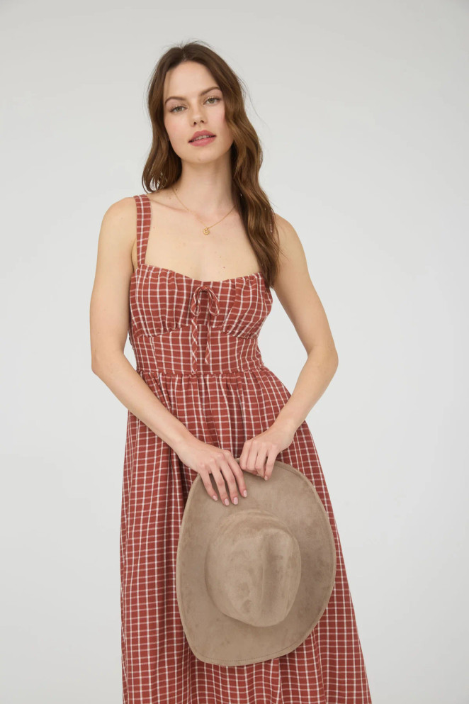 PLAID CORSET FRONT TIE SLEEVELESS MIDI DRESS
