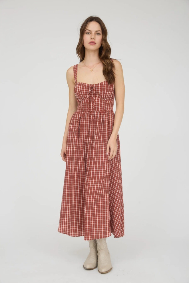 PLAID CORSET FRONT TIE SLEEVELESS MIDI DRESS