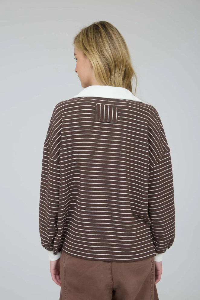 CONTRAST COLLAR STRIPE LONG SLEEVE TOP