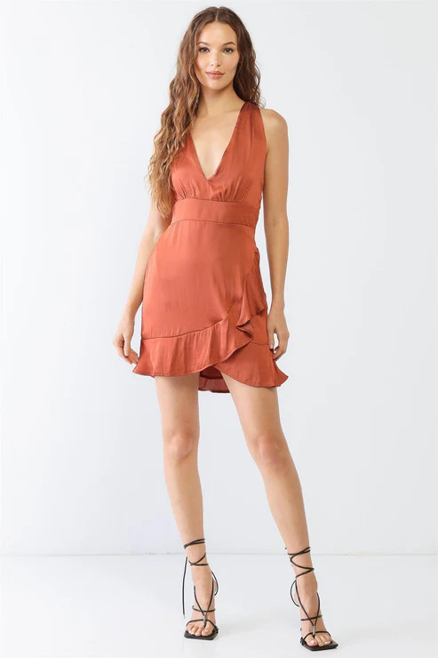 RUST SATIN SLEEVELESS V-NECK MINI DRESS