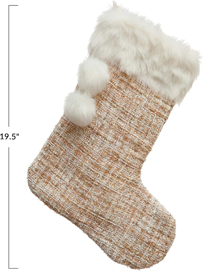 FABRIC BOUCLÉ STOCKING W/FAUX FUR TRIM POMS, PINK & WHITE TEXTILES