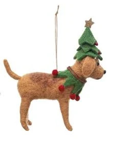WOOL FELT DOG IN HOLIDAY OUTFIT ORNAMENT