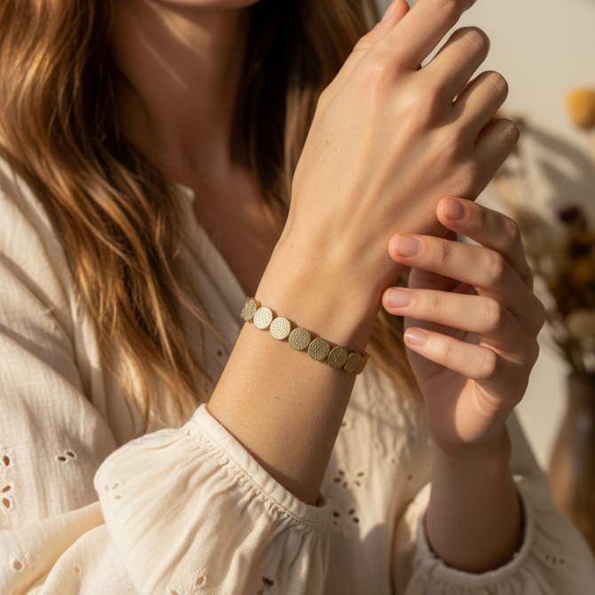 MATTE GOLD TONE TEXTURED DISC STRETCH BRACELET