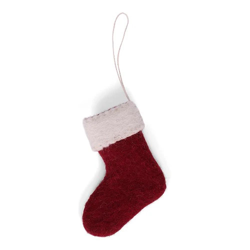 HANDMADE MINI BURGUNDY STOCKING ORNAMENT