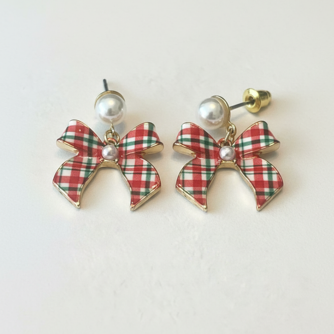 PLAID PEARL DROP GOLD CHRISTMAS EARRINGS