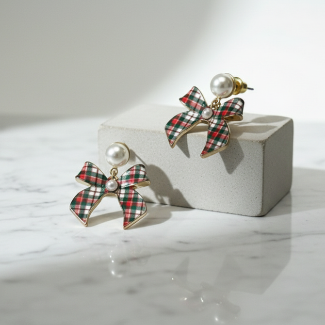 CHRISTMAS  PLAID BOW EARRINGS