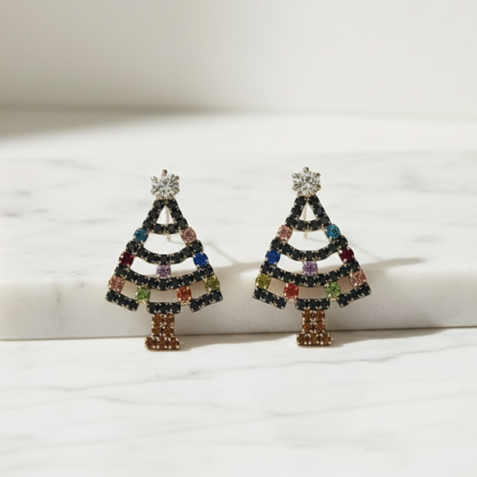 VIBRANT RHINESTONE CHRISTMAS TREE EARRINGS