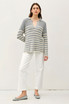 CHUNKY RIBBED STRIPED V NECK COLLAR SWEATER