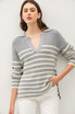 CHUNKY RIBBED STRIPED V NECK COLLAR SWEATER