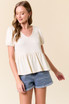 SLUB RIBBED V-NECK PUFF SHORT SLEEVE BABYDOLL TOP