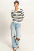 STRIPED SHORT SLEEVE POLO KNIT TOP