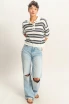 STRIPED SHORT SLEEVE POLO KNIT TOP