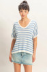 STRIPED V-NECK SHORT DOLMAN SLEEVE TOP