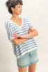 STRIPED V-NECK SHORT DOLMAN SLEEVE TOP