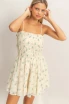 SHIRRED FLORAL BUTTON-FRONT MINI DRESS