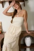 STRAPLESS MIXED MEDIA LINE LACE MIDI DRESS