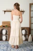 STRAPLESS MIXED MEDIA LINE LACE MIDI DRESS