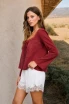 SCOOP NECK FRONT TIE LACE TRIM LONG SLEEVE TOP