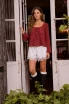 SCOOP NECK FRONT TIE LACE TRIM LONG SLEEVE TOP