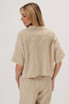 COLLARED SPLIT NECK ELBOW SLEEVE LINEN TOP