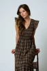 PLAID SMOCKED V NECK RUFFLED MIDI DRESS