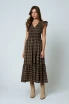 PLAID SMOCKED V NECK RUFFLED MIDI DRESS