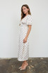 POLKA DOT LACE TRIM V NECK BUTTON DOWN MIDI DRESS