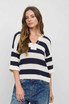 WIDE STRIPE RAW SPLIT NECK HALF SLEEVE SWEATER